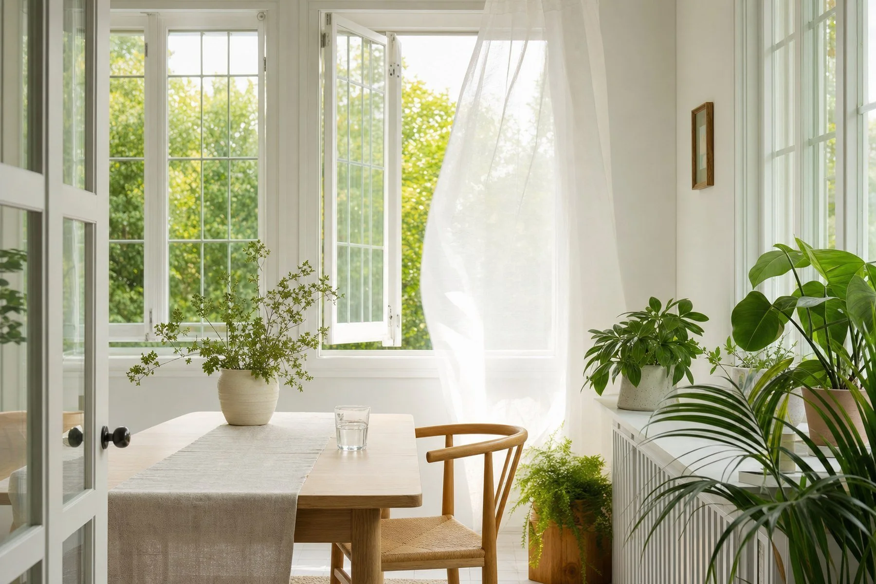 An open window with fresh air and green plants