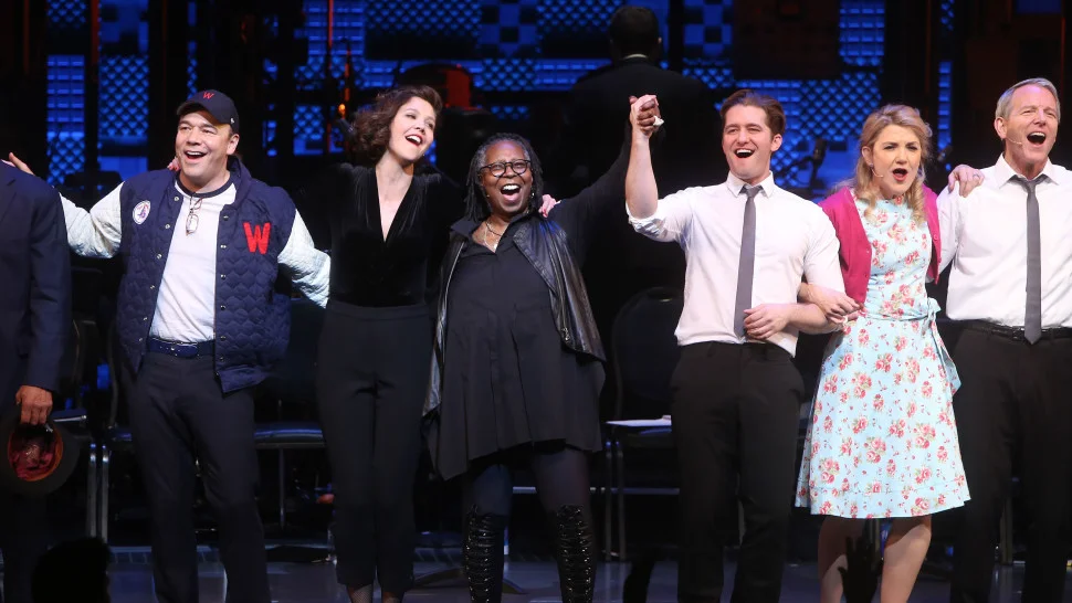 Damn Yankees curtain call; Danny Burstein, Maggie Gyllenhaal, Whoopie Goldberg, Matthew Morrison, VC & Stephen Bogardus, December, 2017.