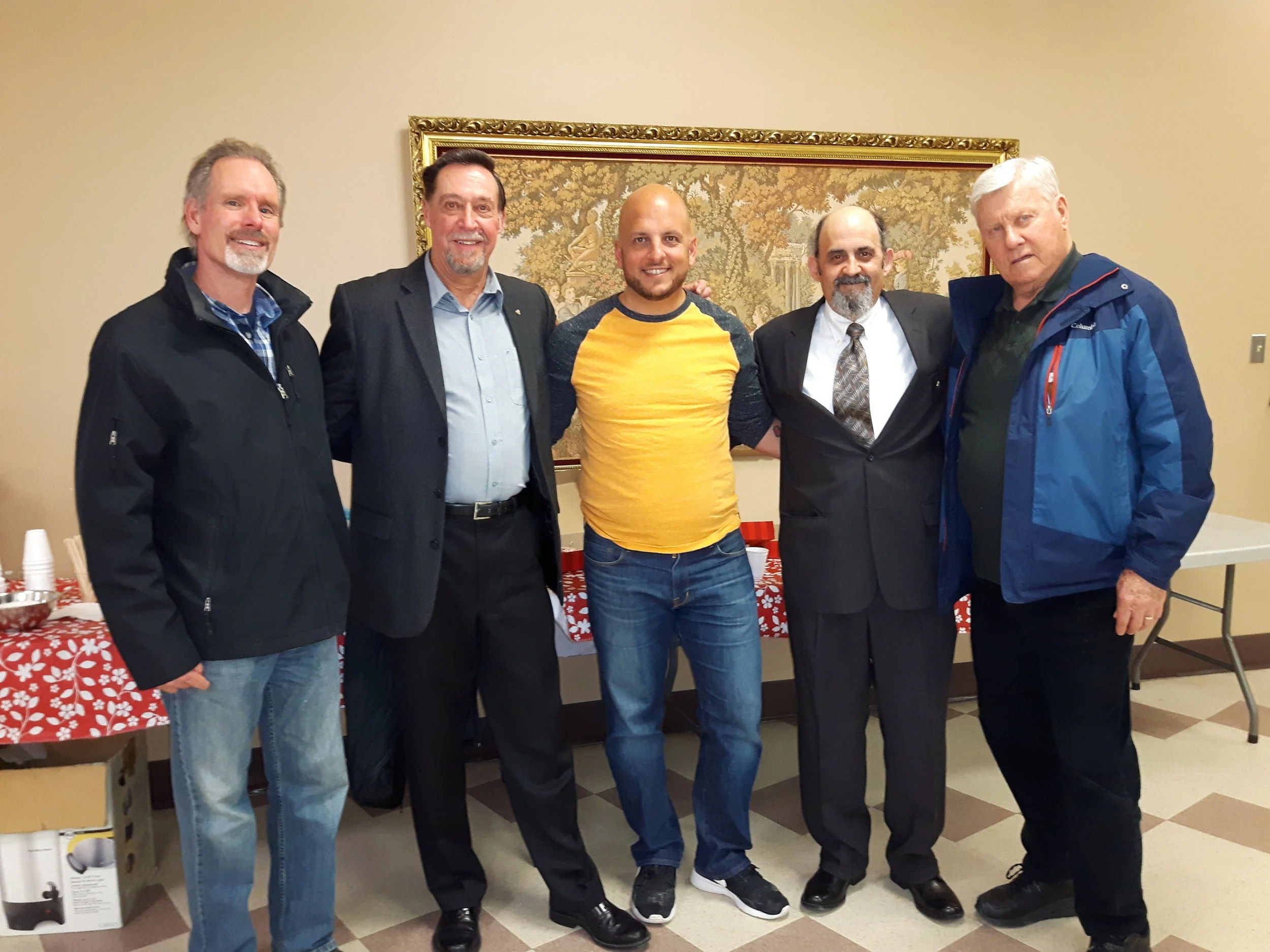 Congratulations to Brother's Tim Furgiuele and Andy Magyar on getting their 2nd Degrees. Pictured from left to right are; Bro. Andy Magyar, the Deputy Grand Knight, Bro. Jim Avery, Bro. Tim Furgiuele, Financial Secretary, Bro. Paul Laframboise and Chancellor, Bro. Allan Taylor.