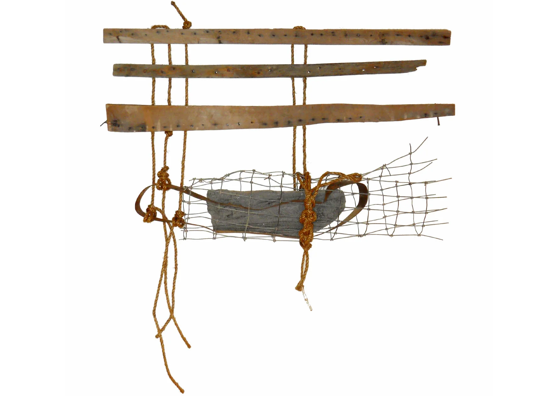Vestige, 2015 <br> wood, steel, rope, stone <br> (42'' x 46.5'' x 7'')