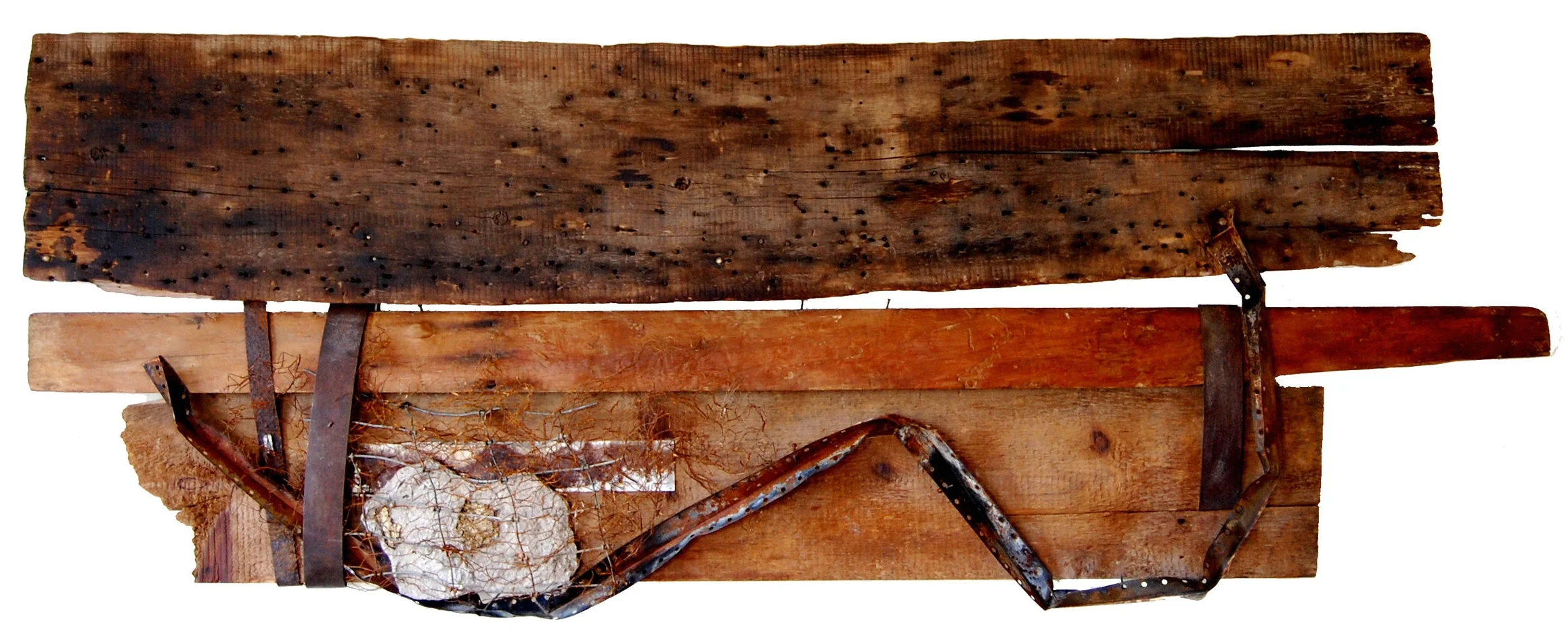 Breadbasket, 2016 <br> wood, steel, concrete, bronze <br> (29'' x 77'' x 6'')