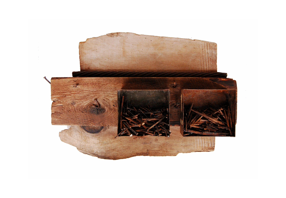 Cache, 2016 <br> wood, nails, steel <br> (17'' x 22.5'' x 6.5'')
