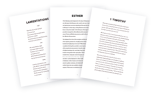 3 printable PDF Bible texts spread out to show large margins and simple layout