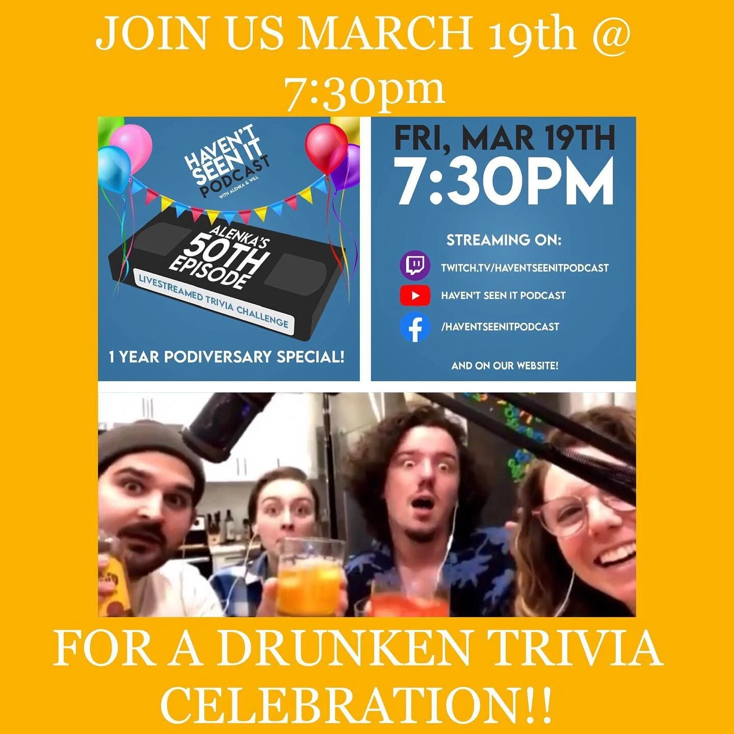 Do you like trivia?! Drinking?! Friends?! Celebrating things?! WELL DO I HAVE THE EVENT FOR YOU! 

Tomorrow myself, @scobes16 @cerodwormyy @thevla27 will all be on the @haventseenitpodcast 50th anniversary episode. 

You can tune in on Twitch, YouTub