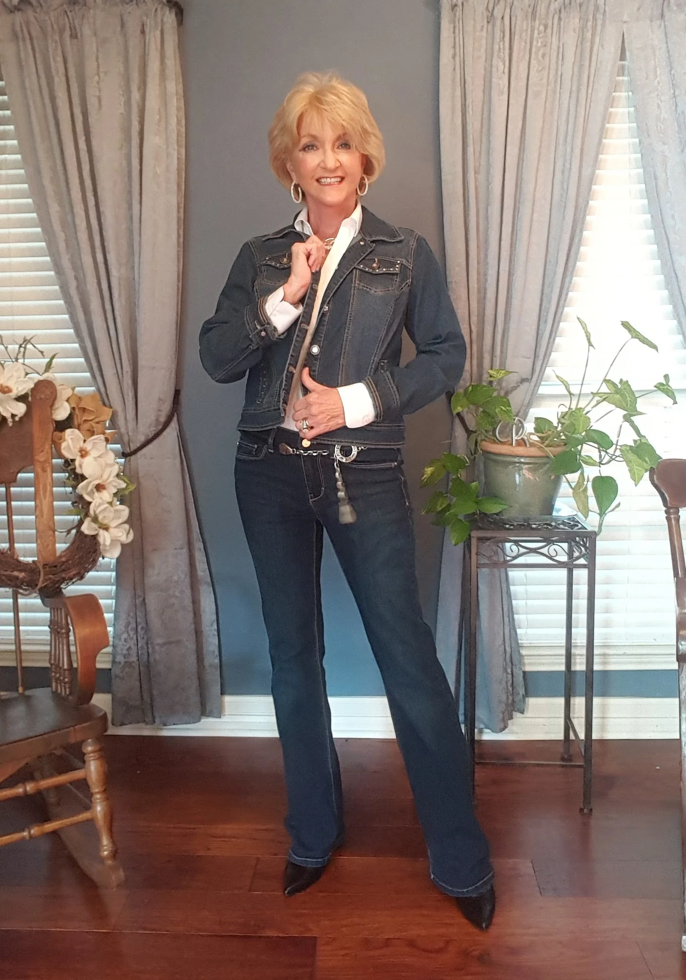 Here I have added a denim jacket. I don't usually pair denim with denim unless the two colors of denim are distinctively different. I think it just looks to "matchy-matchy".