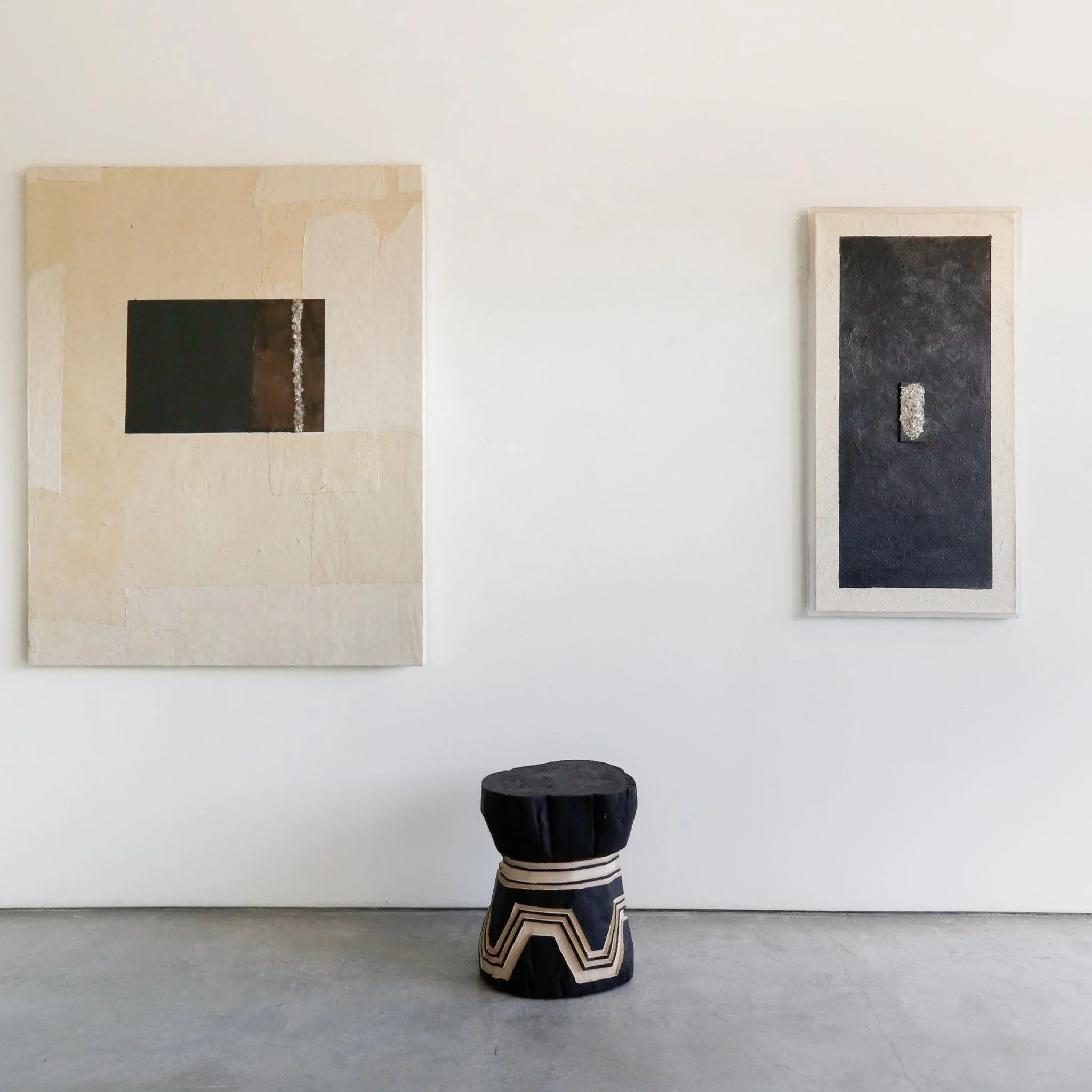 &quot;Fasci Di Luce Graphite and Mink&quot; by Kim Fonder is a 60&quot; x 48&quot; mixed-media artwork that beautifully balances graphite's dark richness with soft, neutral mink tones. Subtle crystalline accents add texture and a quiet luminosity, ma