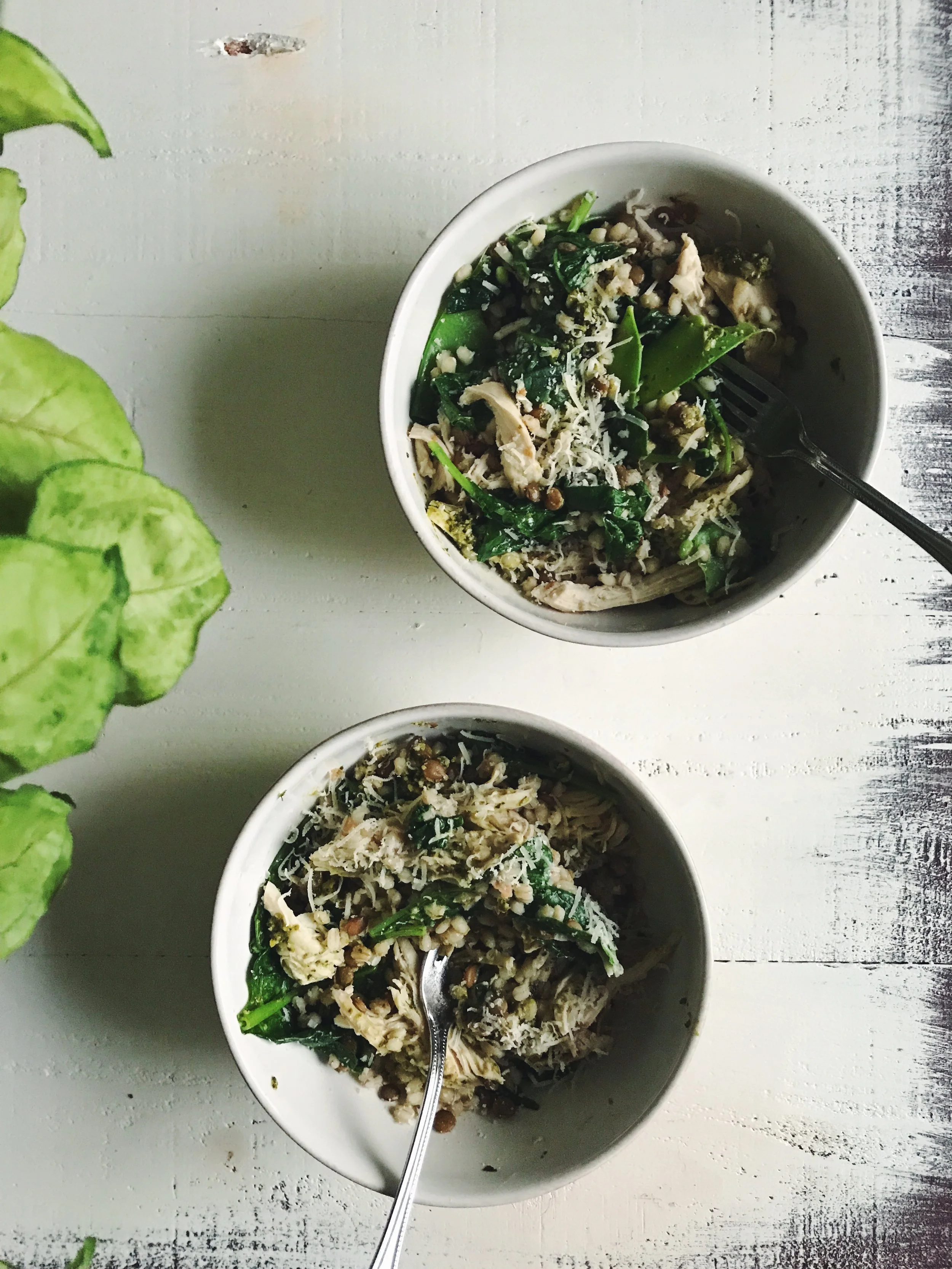 Slow Cooker Pesto Chicken with Barley + Lentils