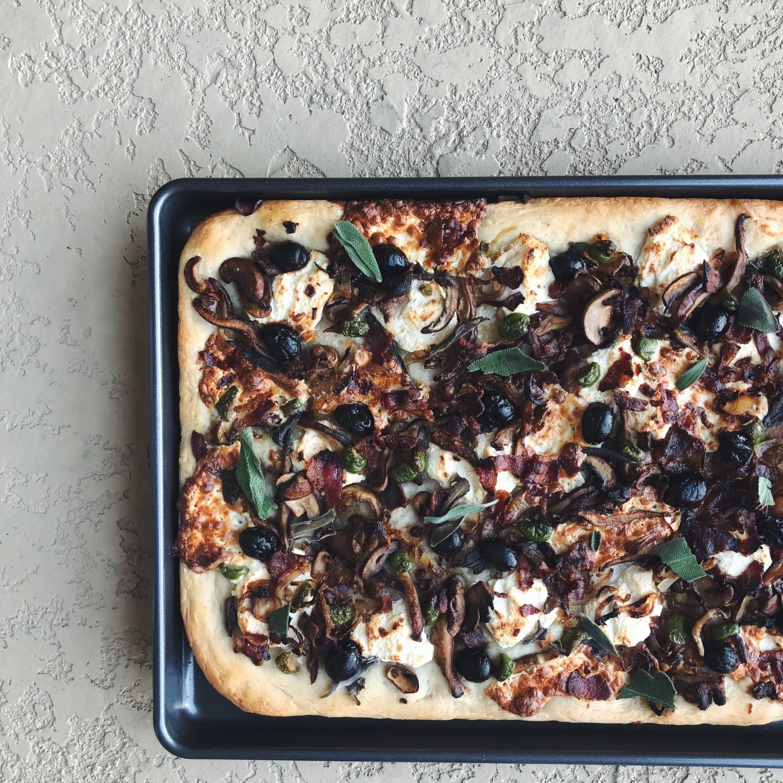 Old-Fashioned Pizza Dough with Wild Mushrooms, Bacon Ricotta &amp; Sage