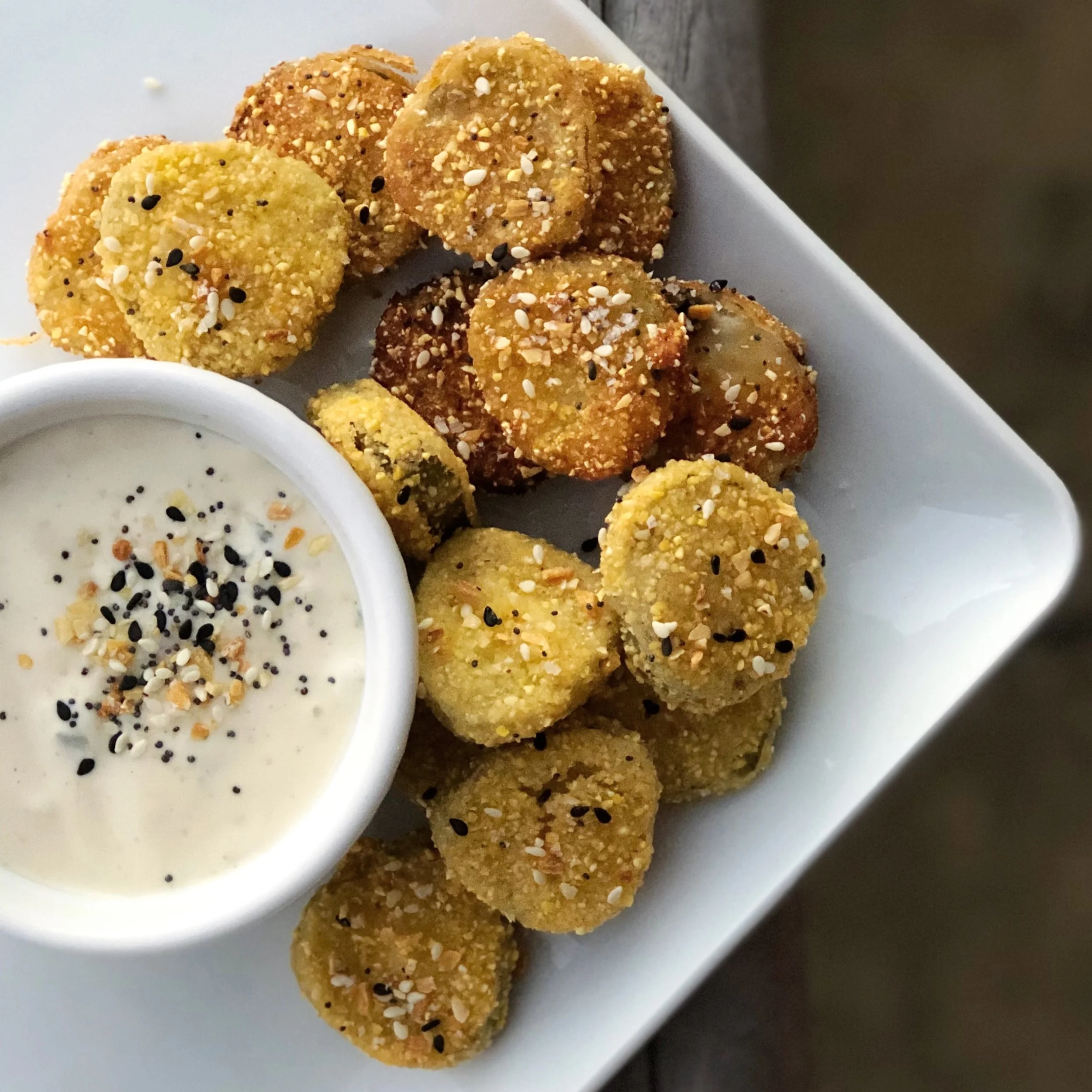 Buttermilk + Cornmeal Fried Pickles with Everything Seasoning