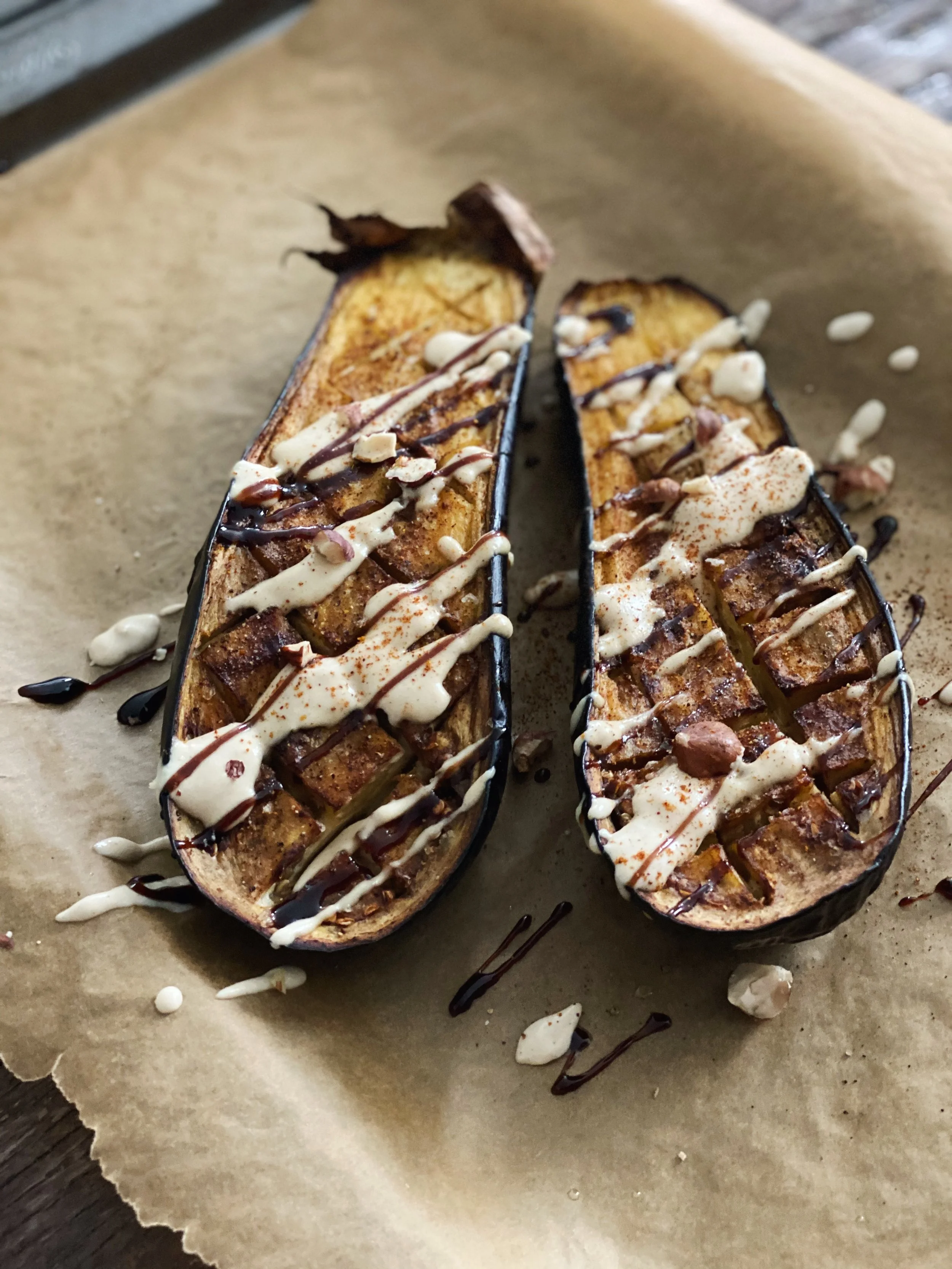 Roasted Eggplant with Harissa + Tahini Sauce