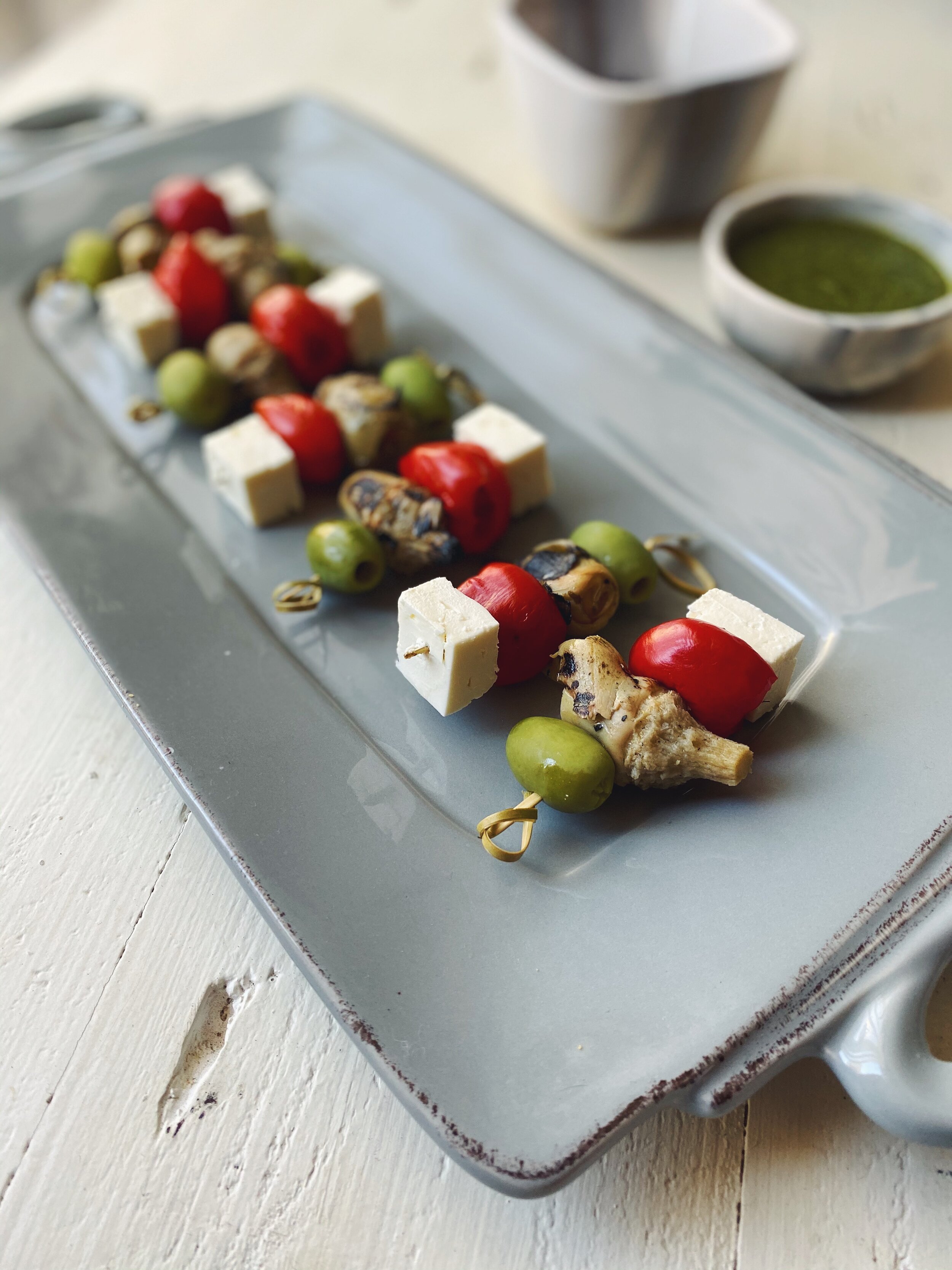 Antipasti Skewers with Dipping Sauces