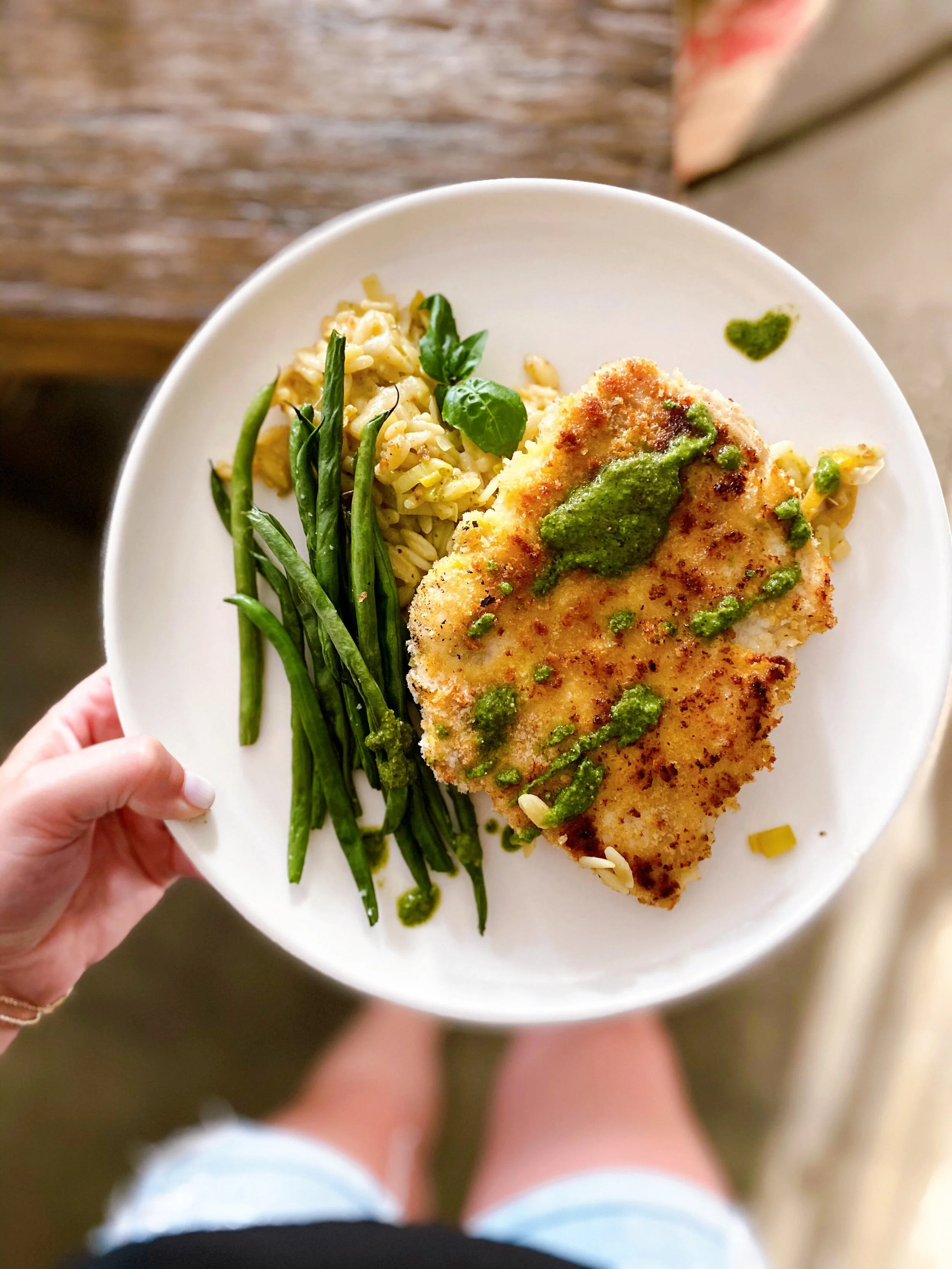 Crispy Chicken with Leek + Basil Pesto Orzo