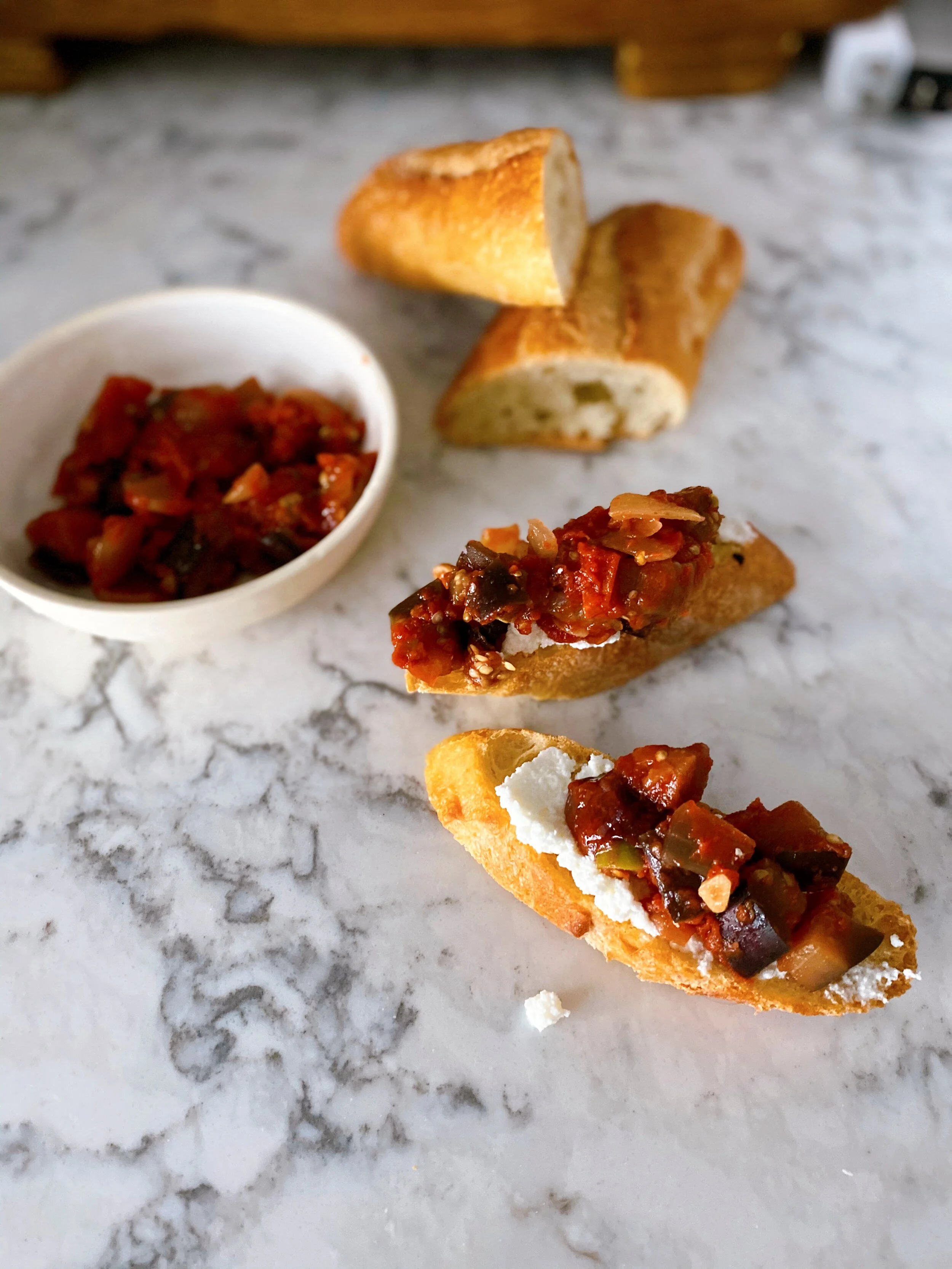 Eggplant Caponata Crostini with Ricotta