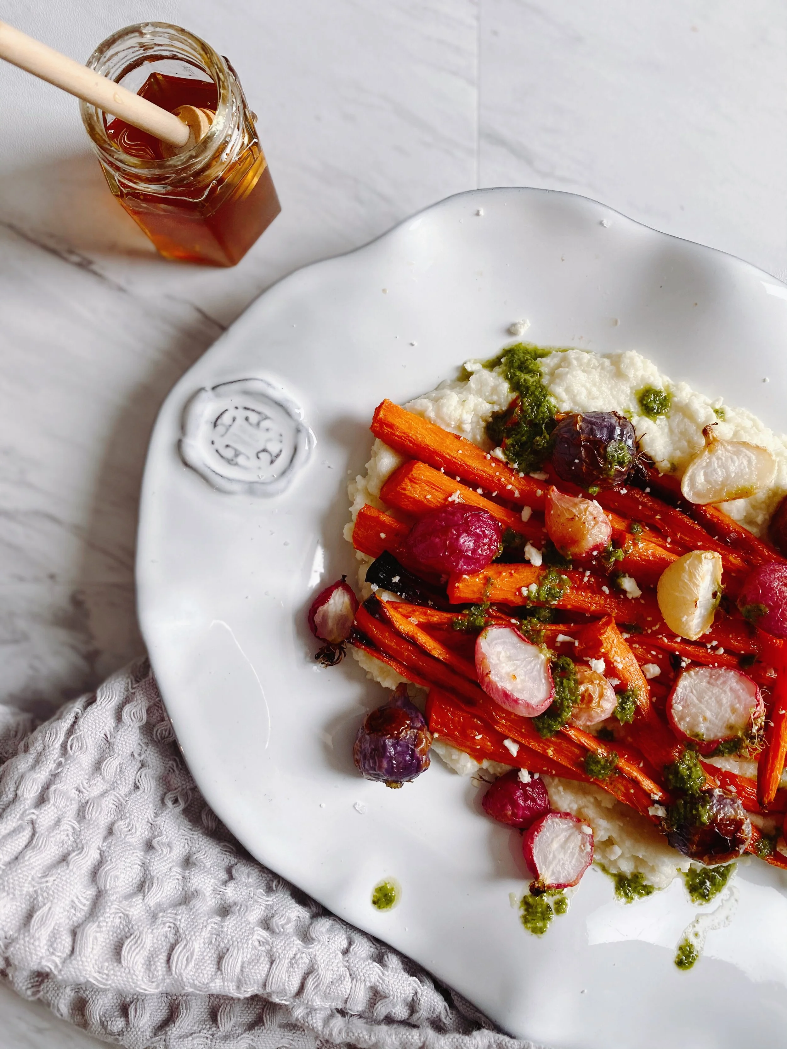 Honey Roasted Root Vegetables over Cauliflower Mash