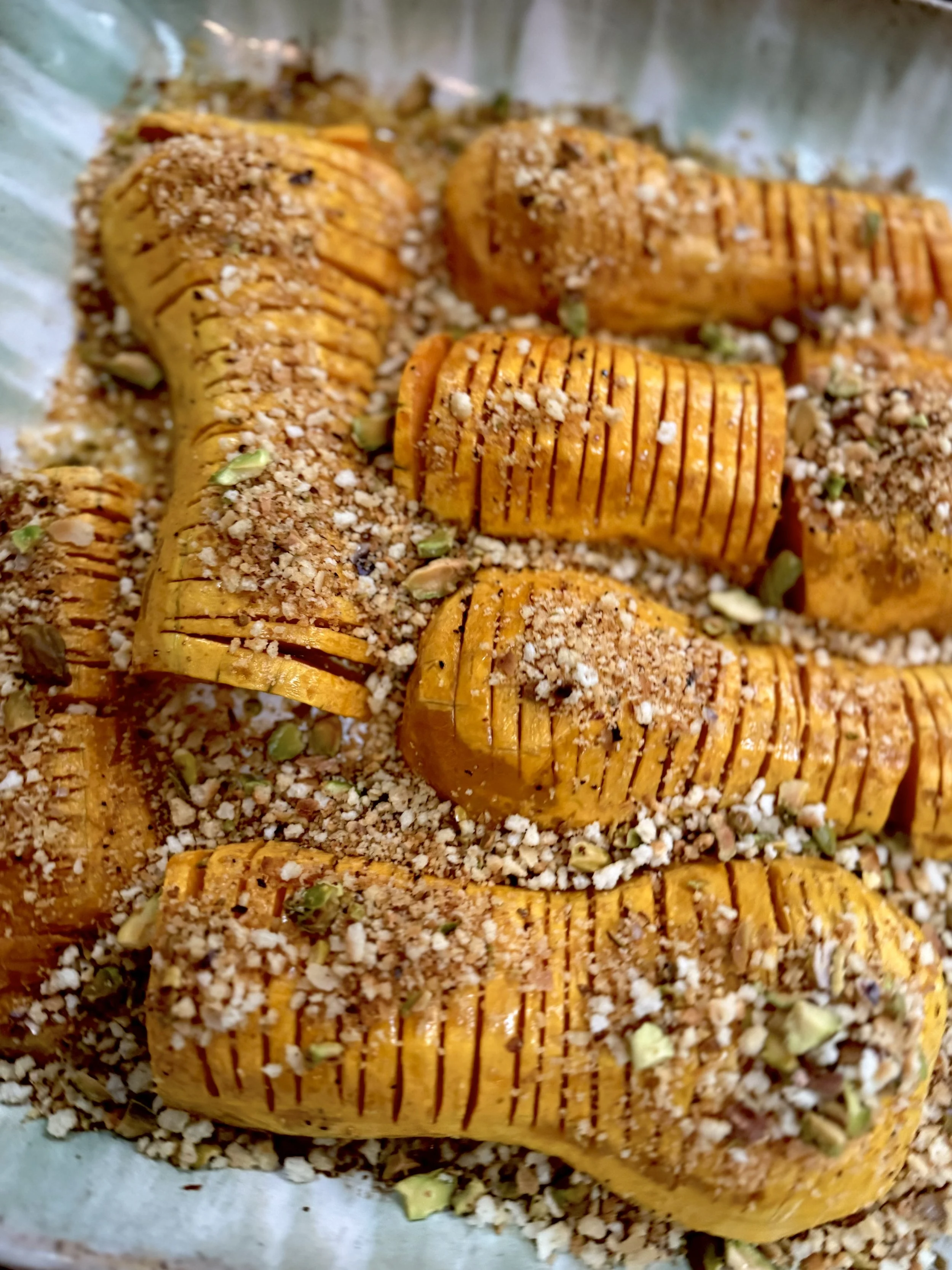 Hasselback Butternut Squash with Pistachio Breadcrumbs