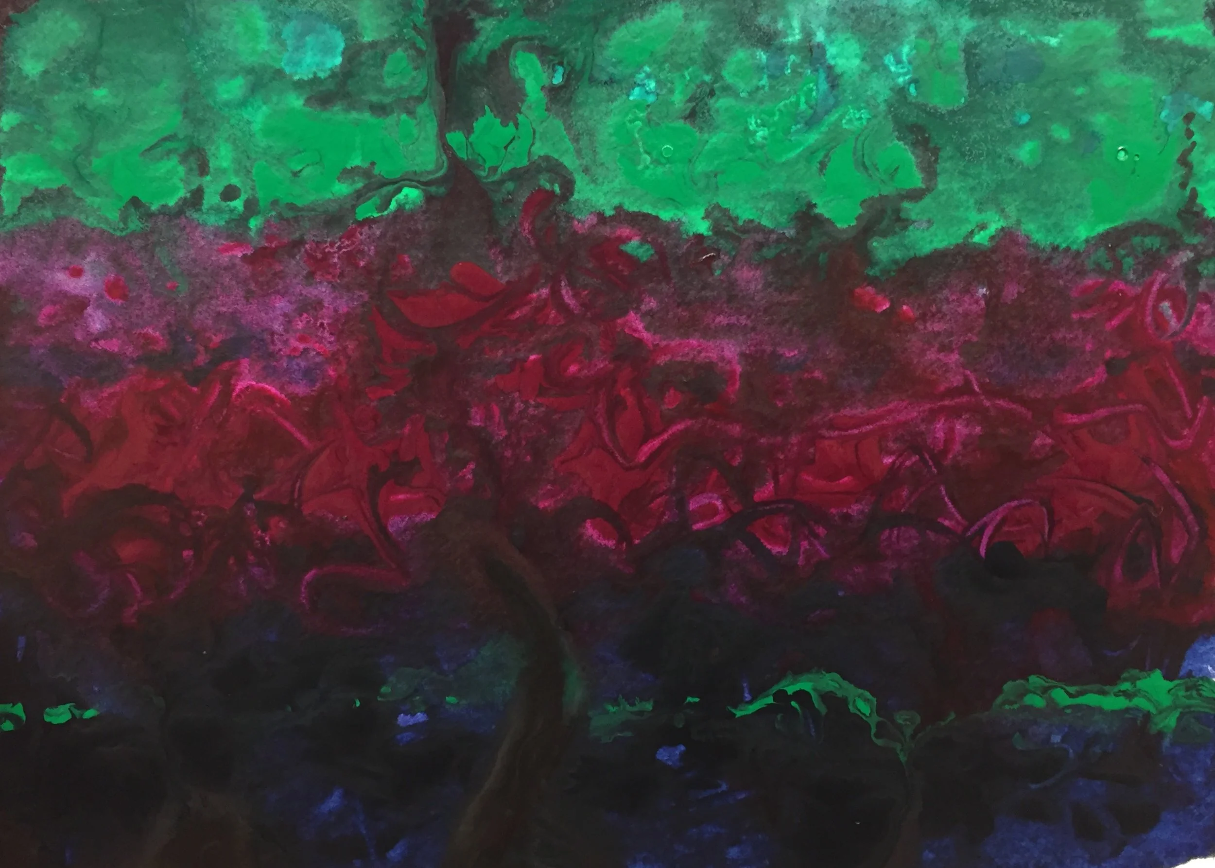 Green purple dark blue. Acrylic on paper 5"x7" 95.00 (matted and shipped)