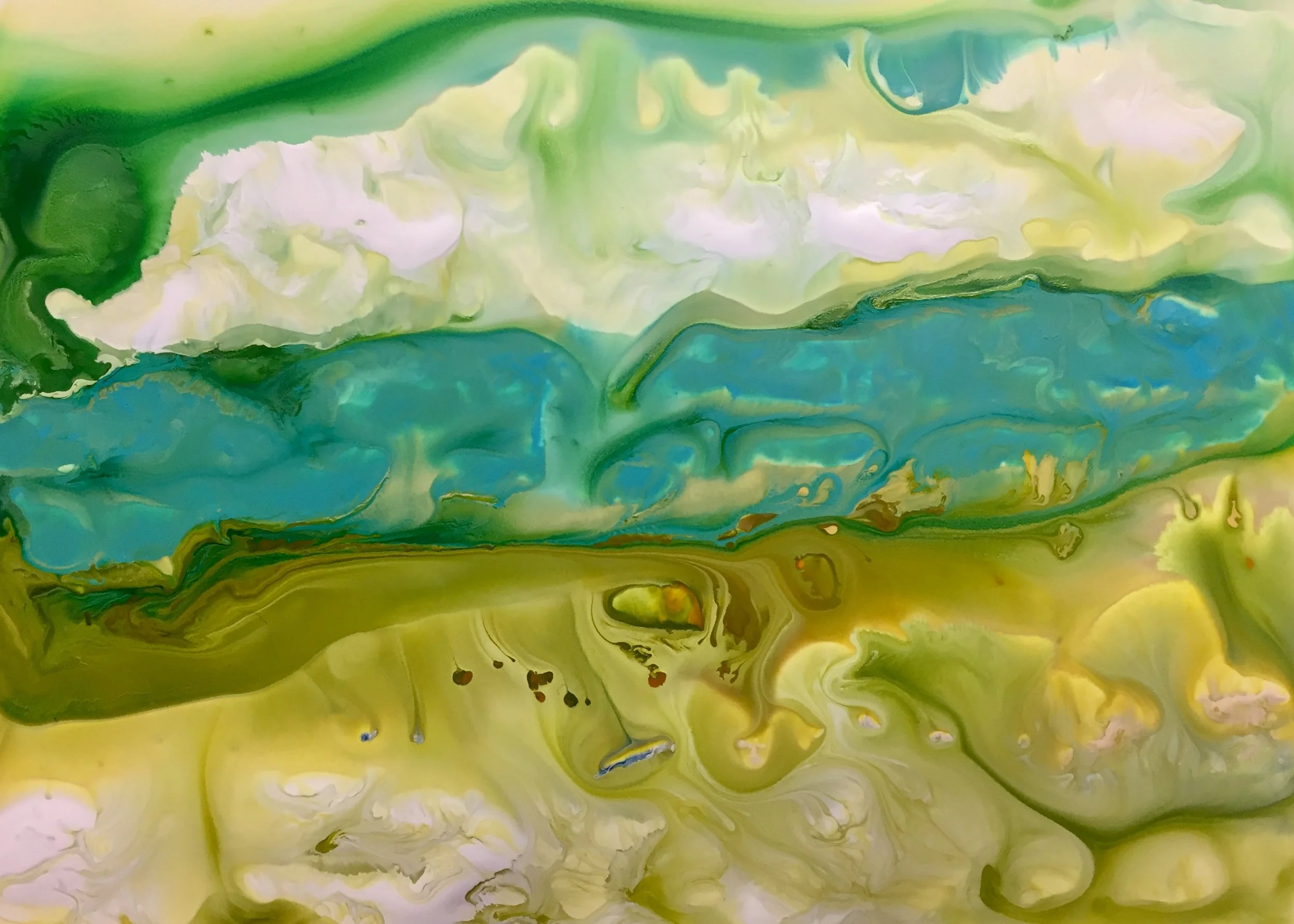 Turquoise fyellow white from What 3 Colors Bring You Joy? 5”x7” Acrylic on YUPO paper. $95 USD