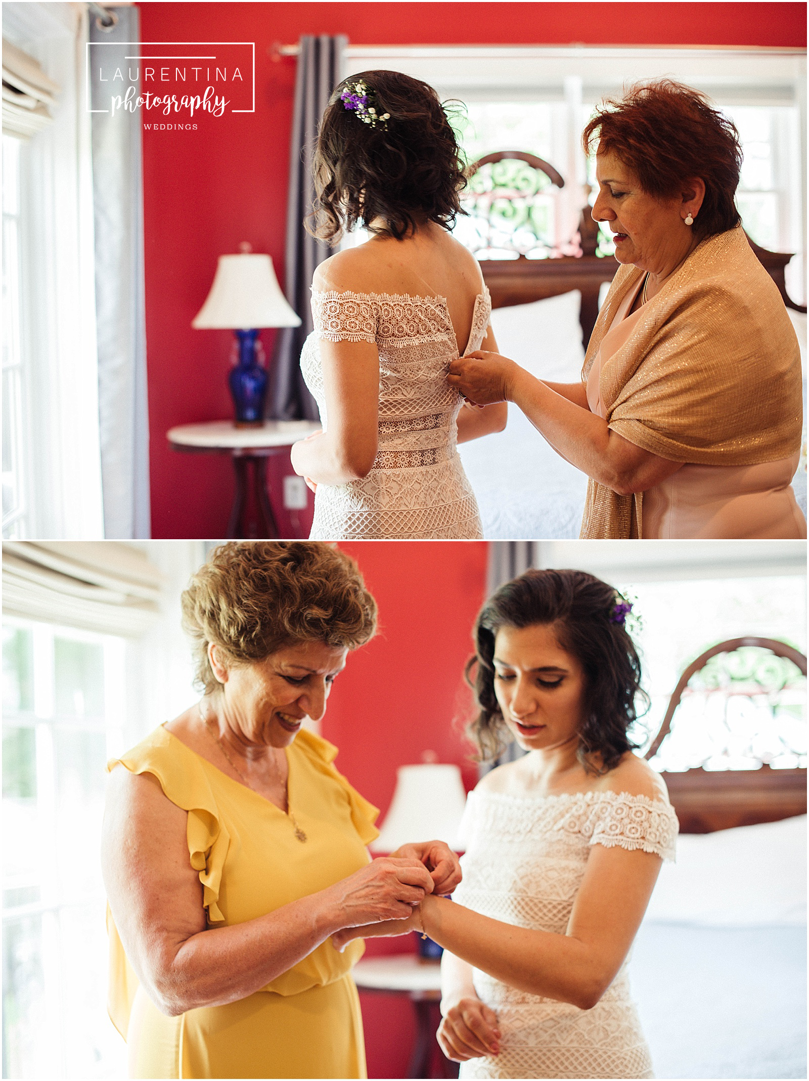 Bride putting on Dress and Heirloom Bahai Wedding Briar Patch Bed and Breakfast