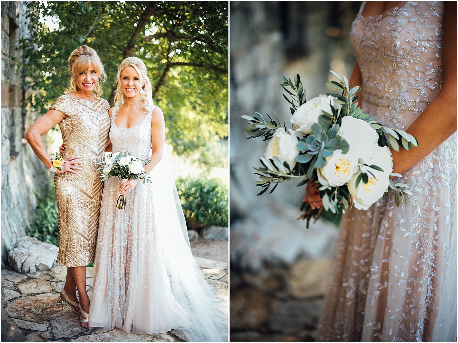 Bride with Mom Gold Dress Blush Pink Bridal Details at Lady Bird Johnson Wildflower Center Austin Texas Wedding