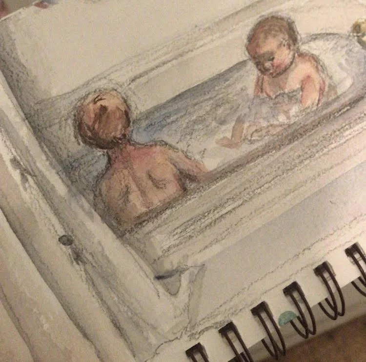 Bath time. Watercolor sketch on paper. March 2018
