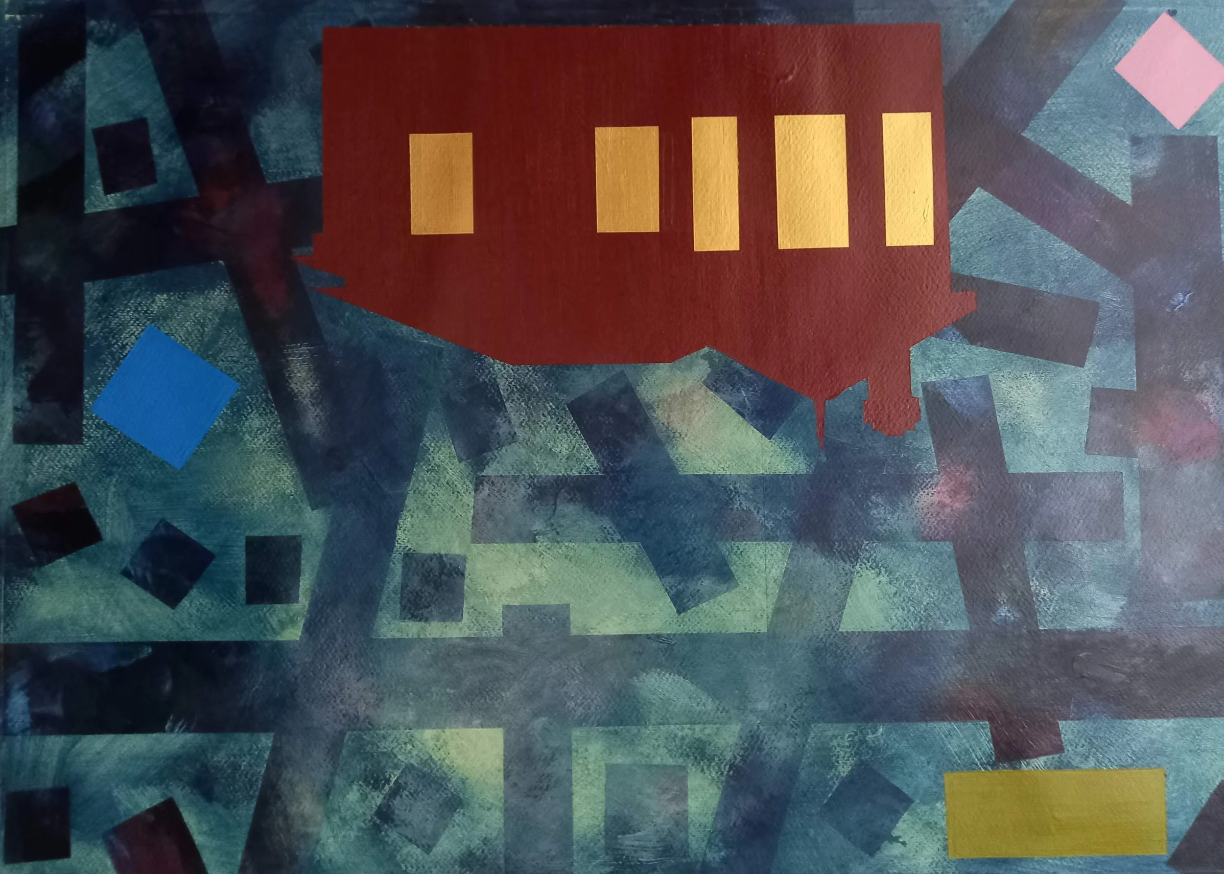 “Moving House”, 2025, Acrylics and metallic Gold on Paper, 560mm x 765mm