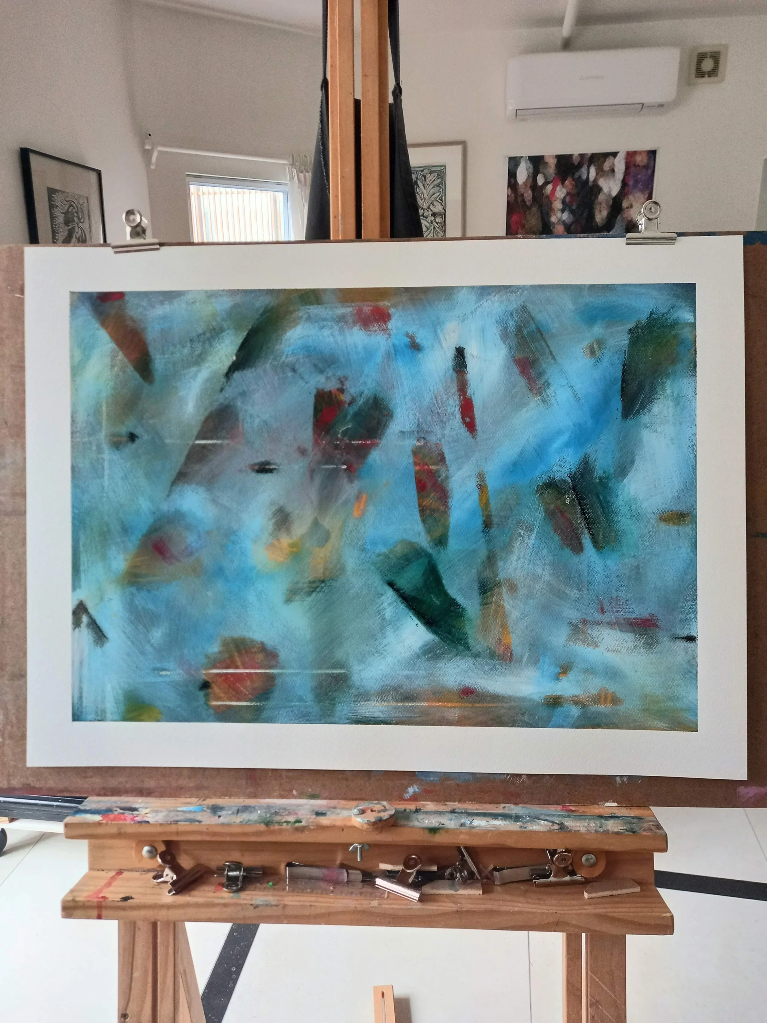 “Free Falling”, 2025, Acrylics and Oil Pastels on Paper, 560mm x 765mm