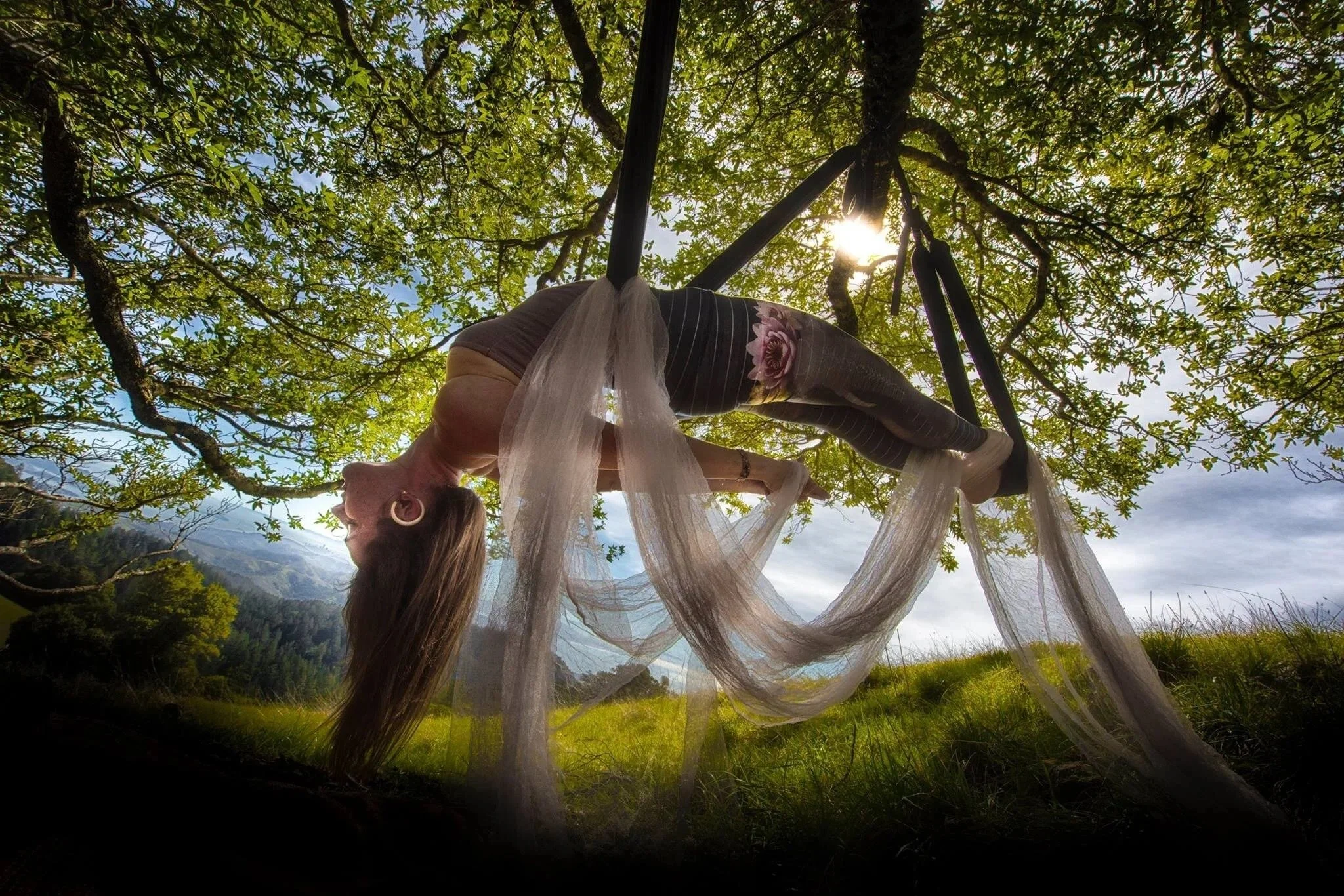 A woman practicing aerial yoga on a swing hanging from a tree in a grassy outdoor setting with mountains in the background, sunlight filtering through leaves.