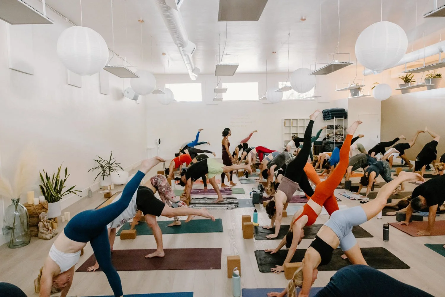 A group yoga class in a bright studio with participants performing downward dog pose, some with blocks and water bottles nearby.