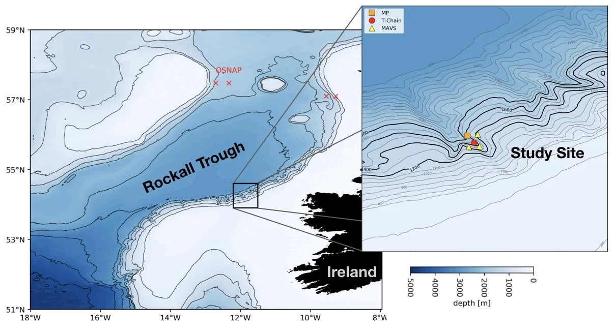Map of the Rockall Trough west of Ireland (left), zoom into the study site at the southern boundary of the Rockall Trough.
