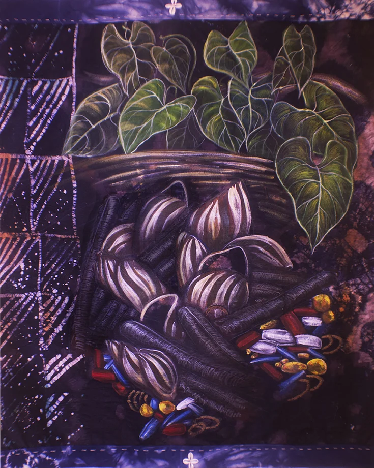 “Oja Teyamora 2” Acrylic on Guinea Brocade 38” x 48”