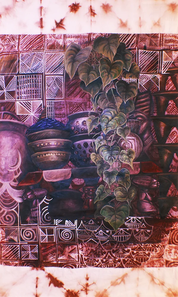 “Oja Teyamora 3” Acrylic on Guinea Brocade 49” x 82”