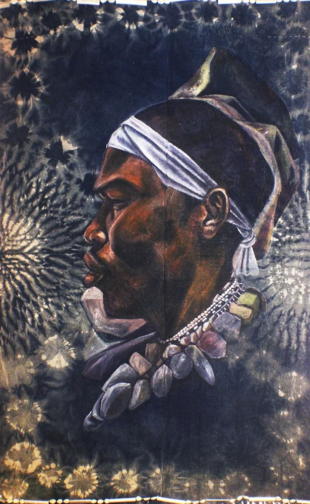 “Orisa Oke” Acrylic, Beads And Cowrie Shells on Handwoven Cotton Cloth 42” x 70”