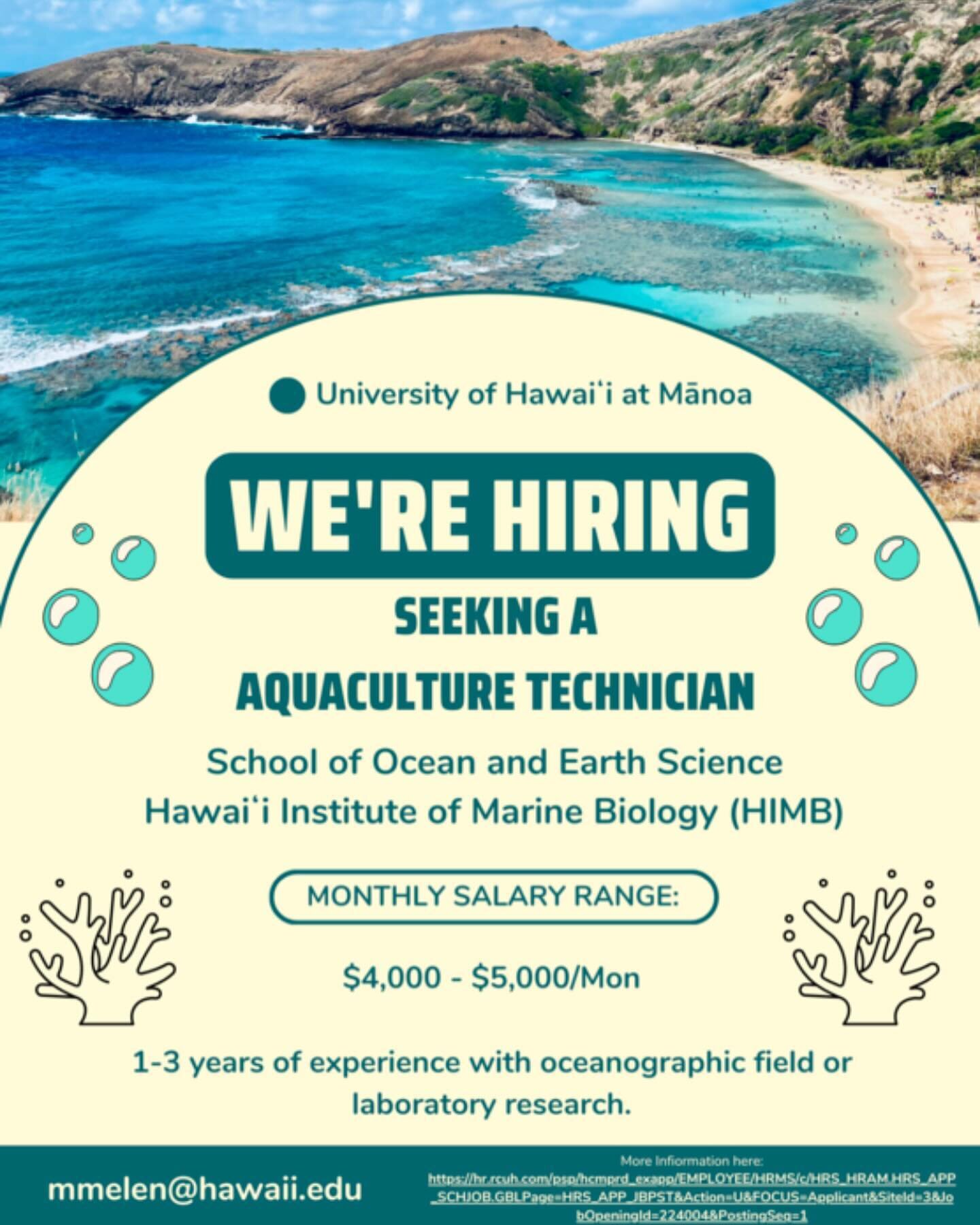 Exciting news!🤩 UH Manoa is on the lookout for an Aquaculture Tech. 🌊 Ready to seize this amazing opportunity? 

Apply through the link below! ⬇️ 

https://hr.rcuh.com/psp/hcmprd_exapp/EMPLOYEE/HRMS/c/HRS_HRAM.HRS_APP_SCHJOB.GBL?Page=HRS_APP_JBPST&