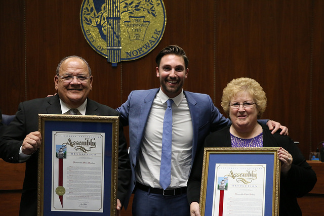 California Assemblyman Ian Calderon flew down from Sacramento on Tuesday evening to present outgoing Mayor Mike Mendez and Vice Mayor Cheri Kelley with resolutions honoring their decades of service in Norwalk. Photo | city of Norwalk