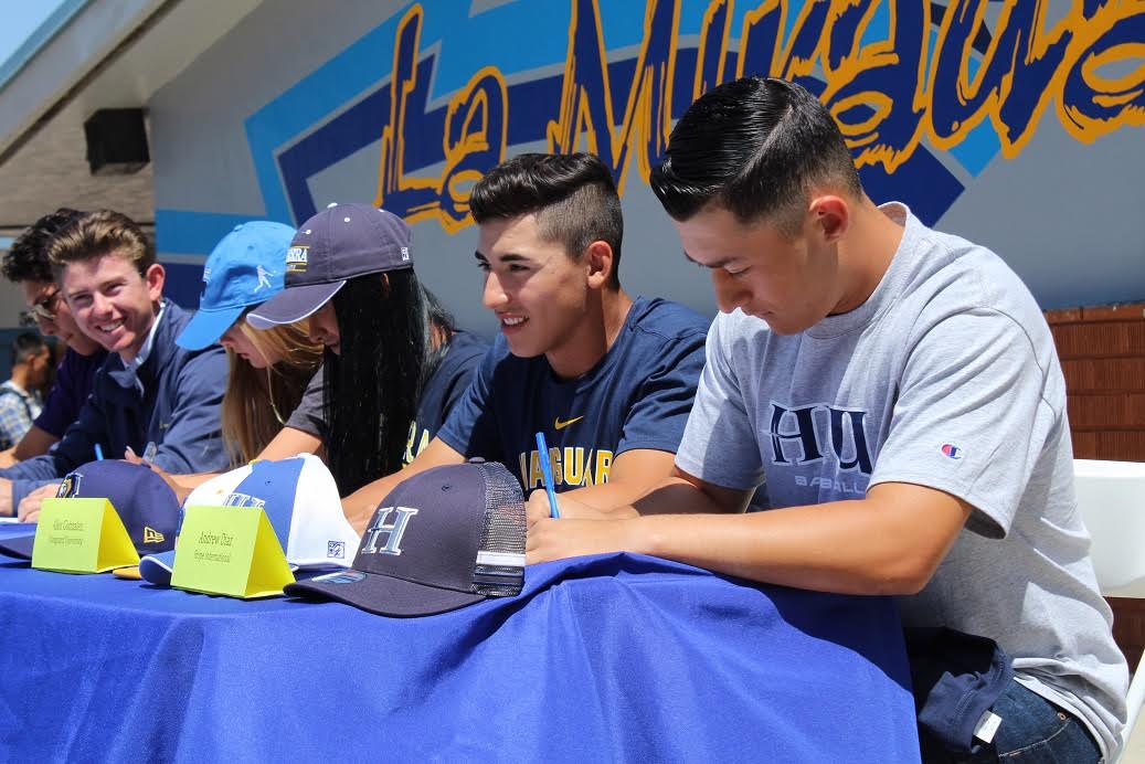 La Mirada High senior Andrew Diaz (right) committed to play baseball at Hope International, and signed his letter of intent on National Signing Day for spring sports. Photo | NLMUSD