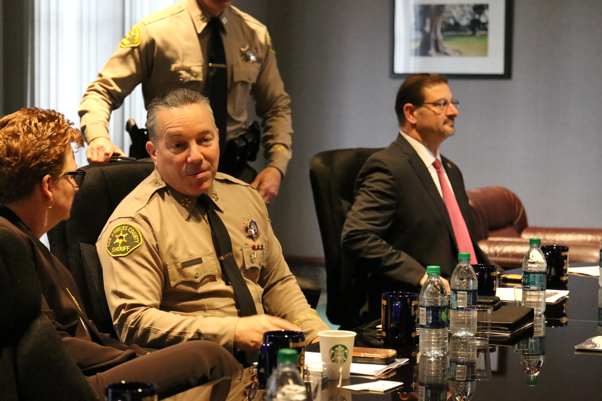 Sheriff Alex Villanueva, center, and Norwalk city manager Jesus Gomez, right, in February 2019. Photo courtesy city of Norwalk.