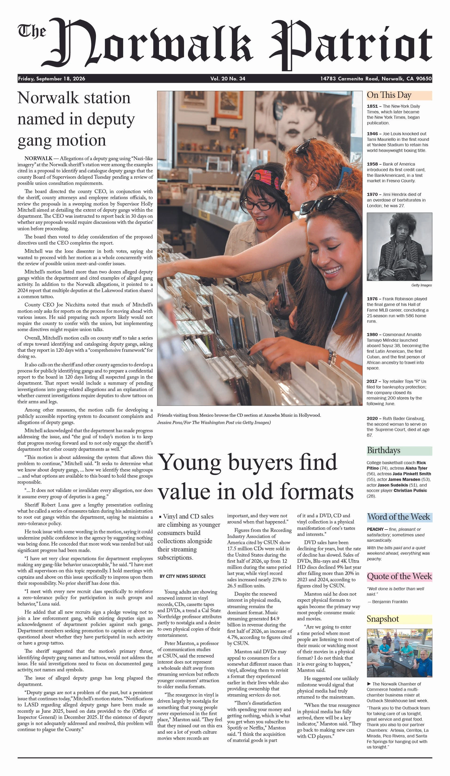 Vol. 20, No. 34, September 18, 2026