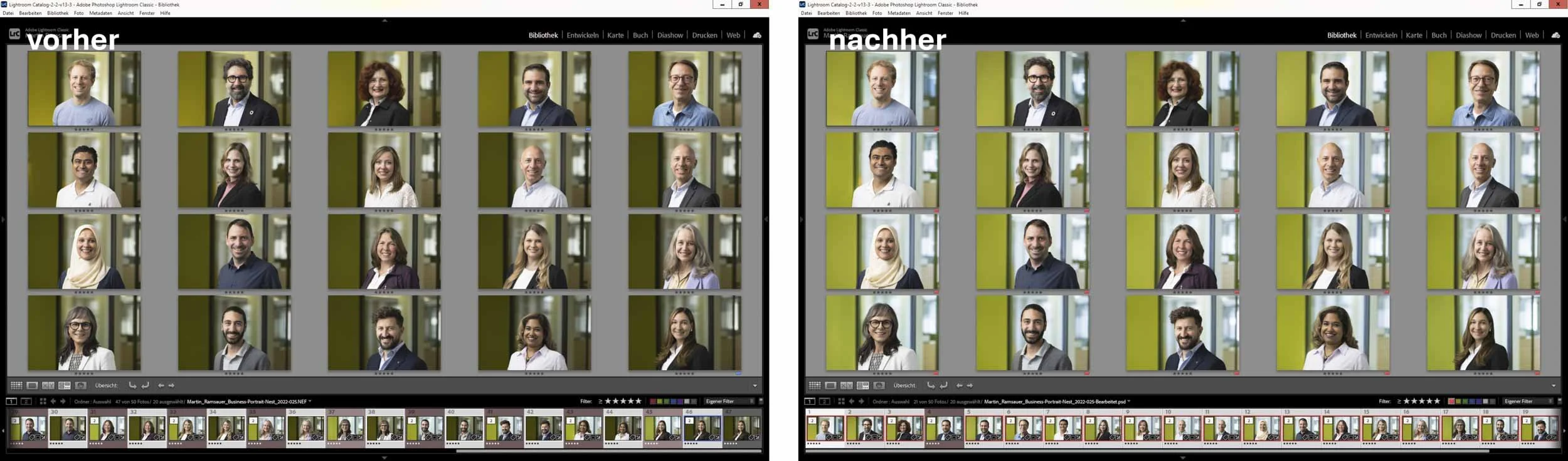 Business-Portrait Screenshots einer Lightroom-Serie vor und nach der Homogenisierung