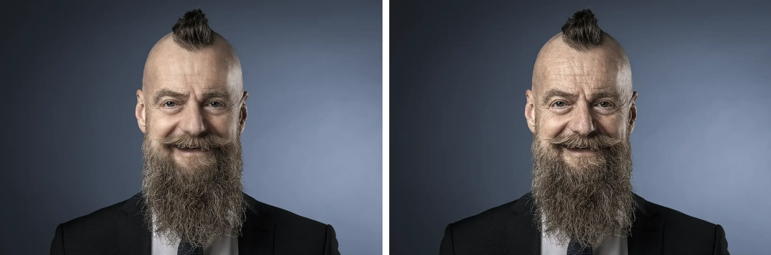 Vergleich von zwei unterschiedlich bearbeiteten Business-Portraits desselben Mannes – links weich retuschiert, rechts mit natürlicher Hautstruktur