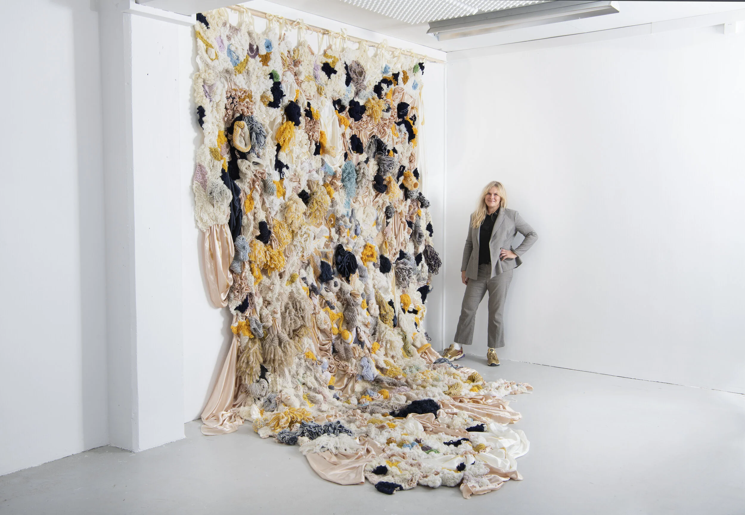 Enfolded, 2020, stem stitch, knit and satin Photo: Jan Inge Haga  Front page photo: Outopia (Nowhere) Eutopia (Somewhere good)(2018), And I will take you to paradise, curated by Benedikte Holen &amp; Tove Lande, Kunstmuseet KUBE, Photo: Kristin Støy…