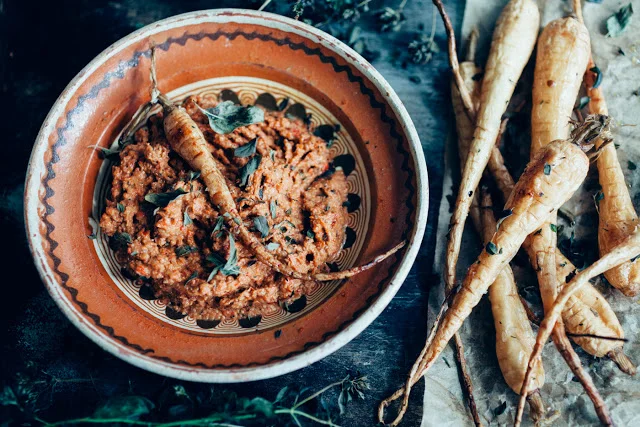 Roast parsnips with Romesco sauce