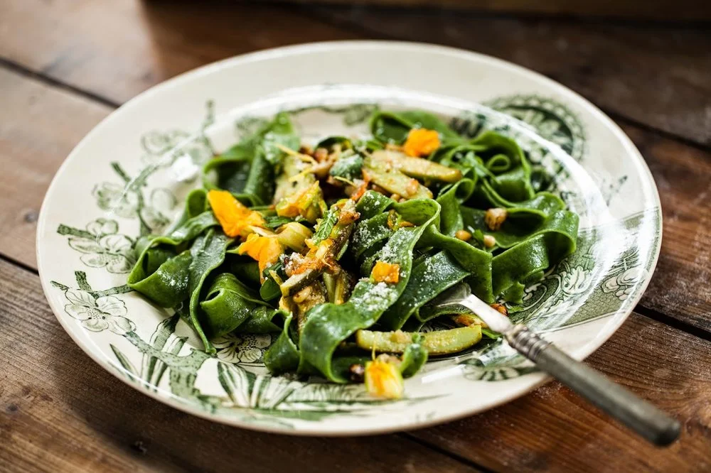 Home made beetroot and spinach tagliatelle