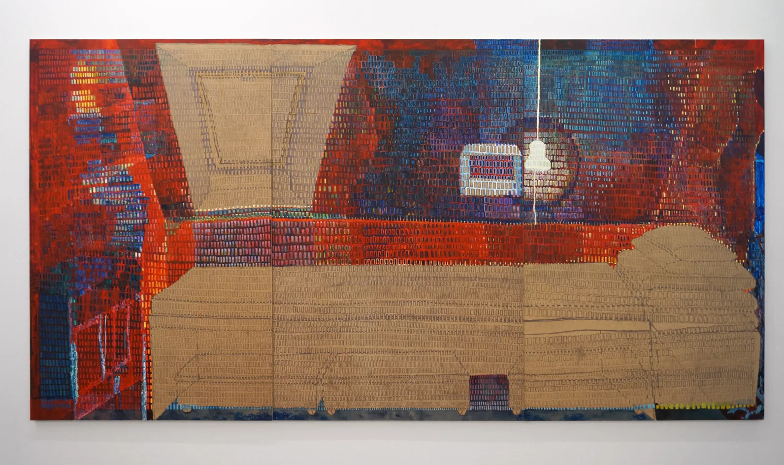 Overgang til et nyt lys. Akryl, kuglepen, blyant og rettelak på MDF ramme / acrylic, ballpen, pencil, correction paint on MDF frame. 122x243cm. 2018-19.