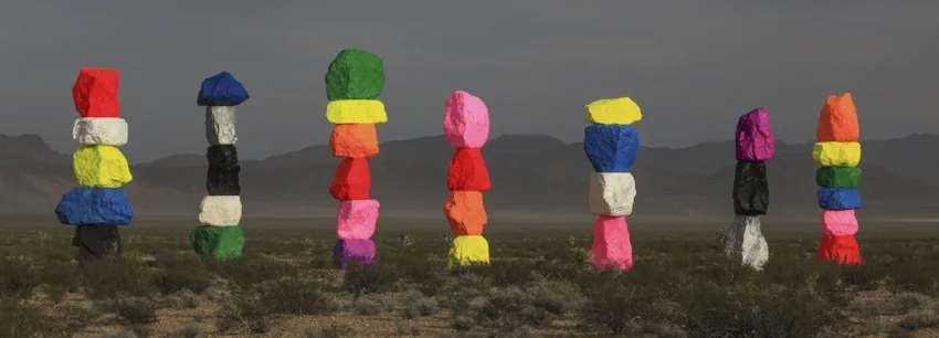 Ugo Rondinone 'seven magic mountains' in the Nevada desert . Photo by Gianfranco Gorgoni /courtesy of art production fund and Nevada museum of art