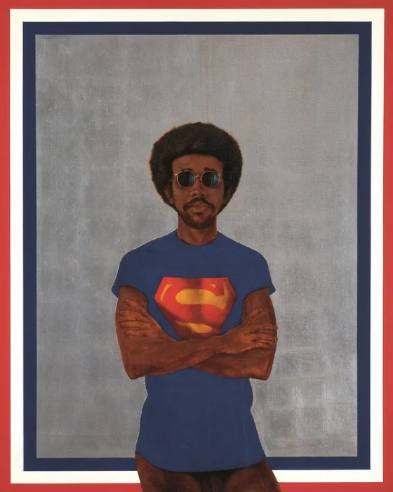 Barkley L. Hendricks Icon for My Man Superman (Superman Never Saved any Black People – Bobby Seale) 1969; Collection of Liz and Eric Lefkofsky © Estate of Barkley L. Hendricks. Courtesy of Jack Shainman Gallery, New York. Superman S-Shield © & ™ DC Comics.