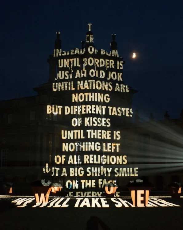 View of the light work at the facade on Blenheim’s facade. Photograph by Samuel Keyte. © 2017 Jenny Holzer, member Artists Rights Society (ARS)
