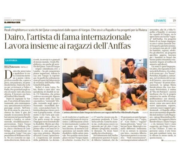 IL SECOLO XIX article about our latest resident - Dairo Vargas x Anffas Association