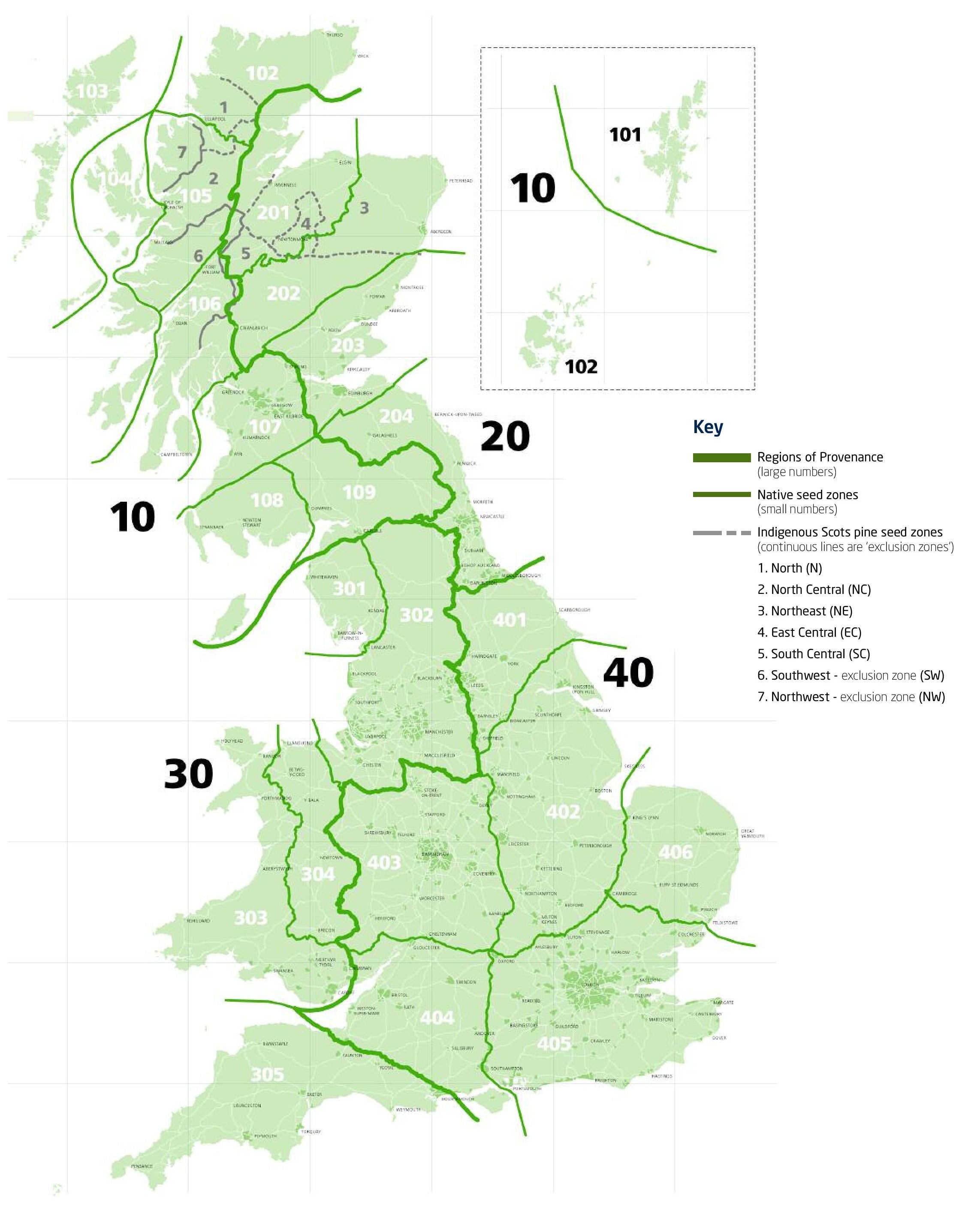 A map of British seed zones from the Forestry Commission's Seed Sources for Planting Native Trees and Shrubs in Scotland ( this link) .
