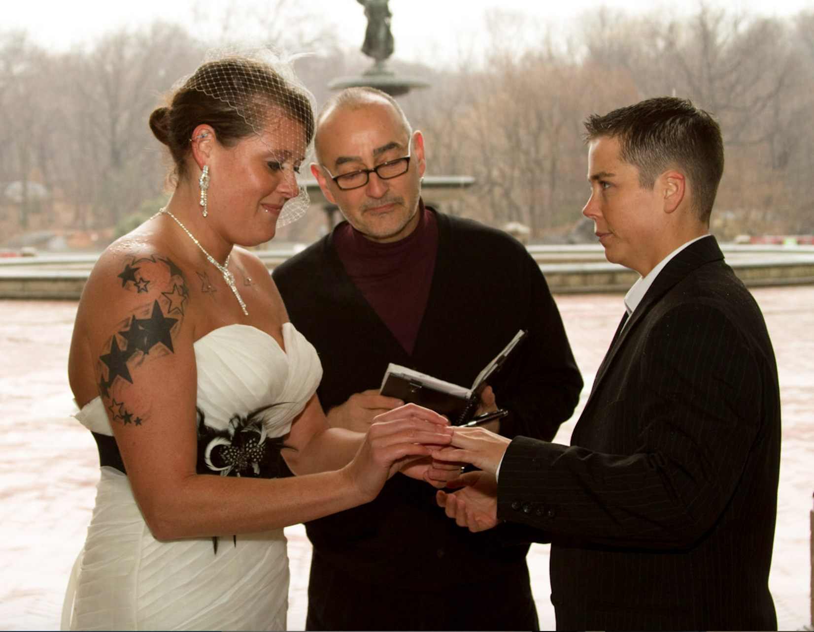 Same sex wedding in central park with ring placement