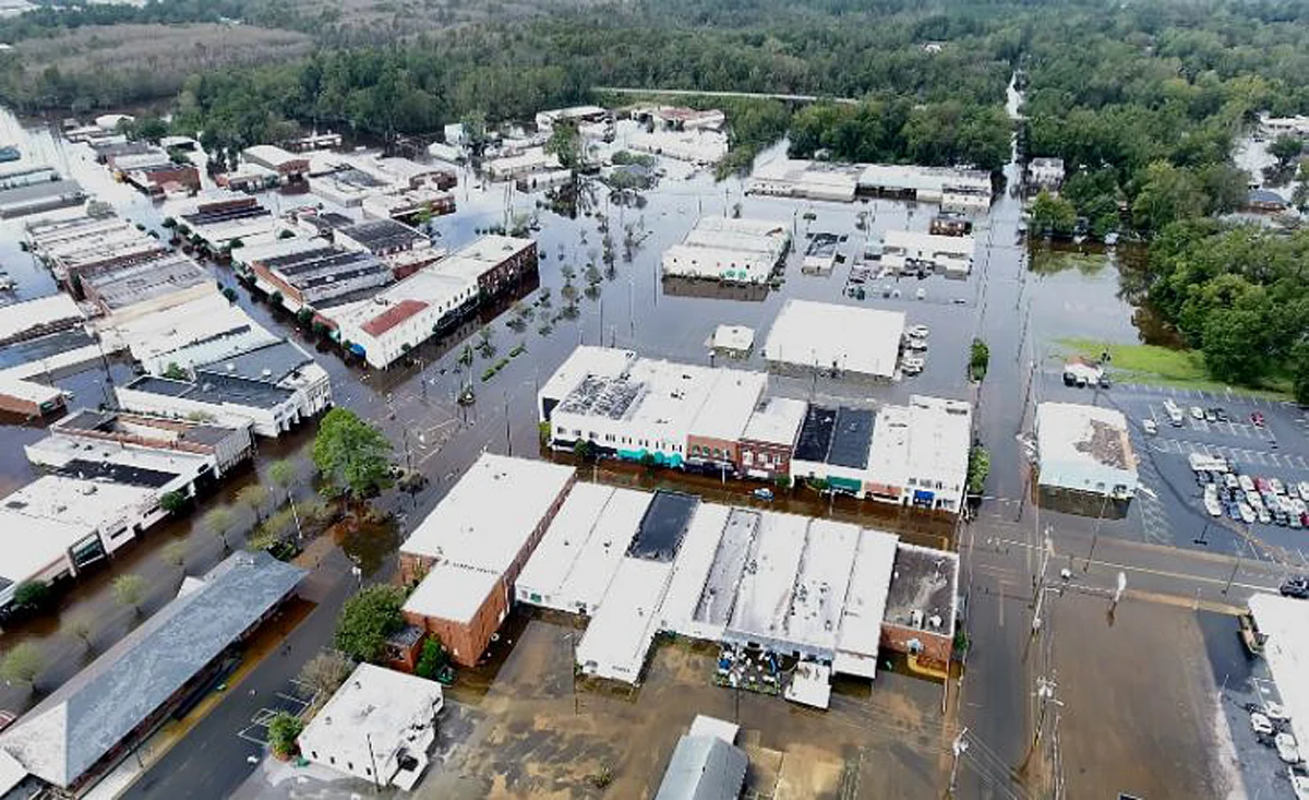 Drone shot of flooding from Hurricane Florence in downtown Whiteville.